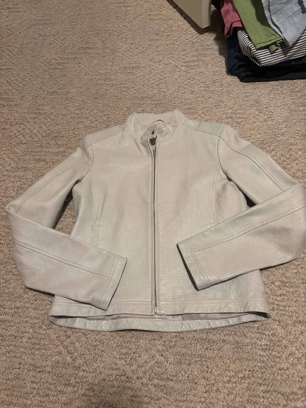 Mexx Women's White Perforated Genuine  leather Zip Front Jacket